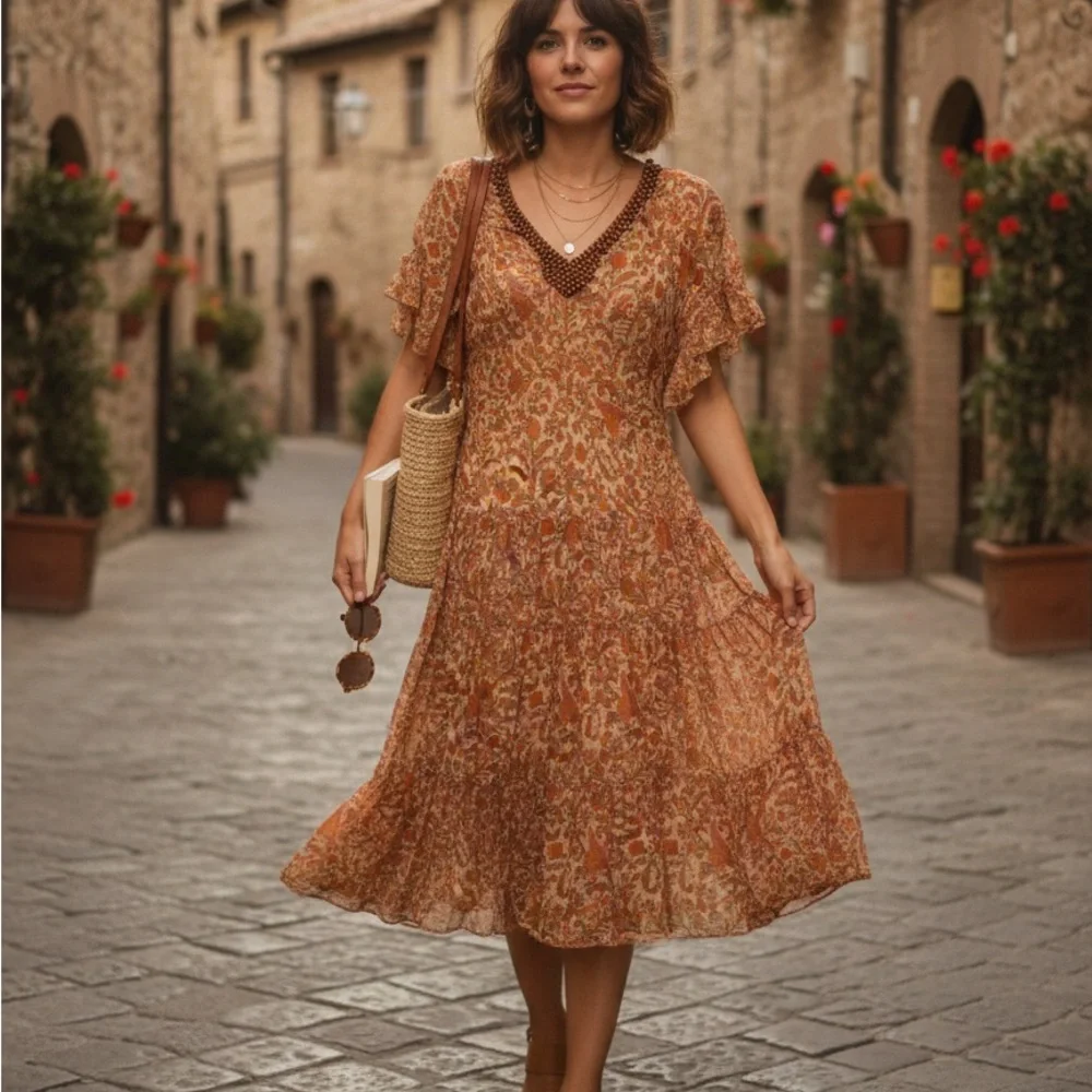Adrianna Papell Orange and Brown Midi Dress vintage Size 6 100% Silk & poliéster - Picture 2 of 16